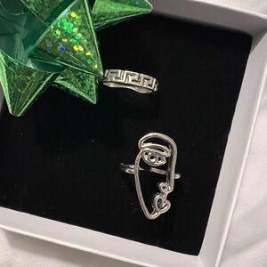 Silver Abstract Face and Geometric Ring Set Unisex